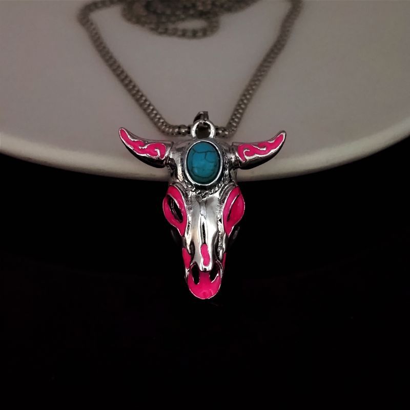 Wholesale Turquoise Skull Bull Head Stainless Steel Glowing Necklace